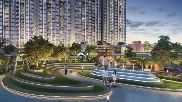 Cascade seating, water features and planting at the centre of the layout at Dosti Greenscapes, Hadapsar, Pune
