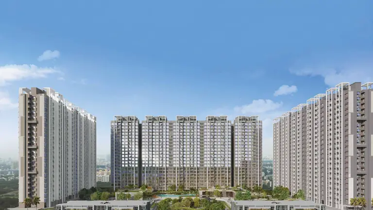 Dosti Greenscapes seen from the Pune–Solapur Road, with the retail podium below the residential towers