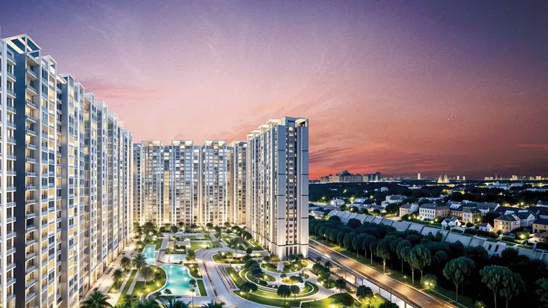Dosti Greenscapes, Hadapsar, Pune — the towers at sunset above the landscaped podium and pools, with the city beyond