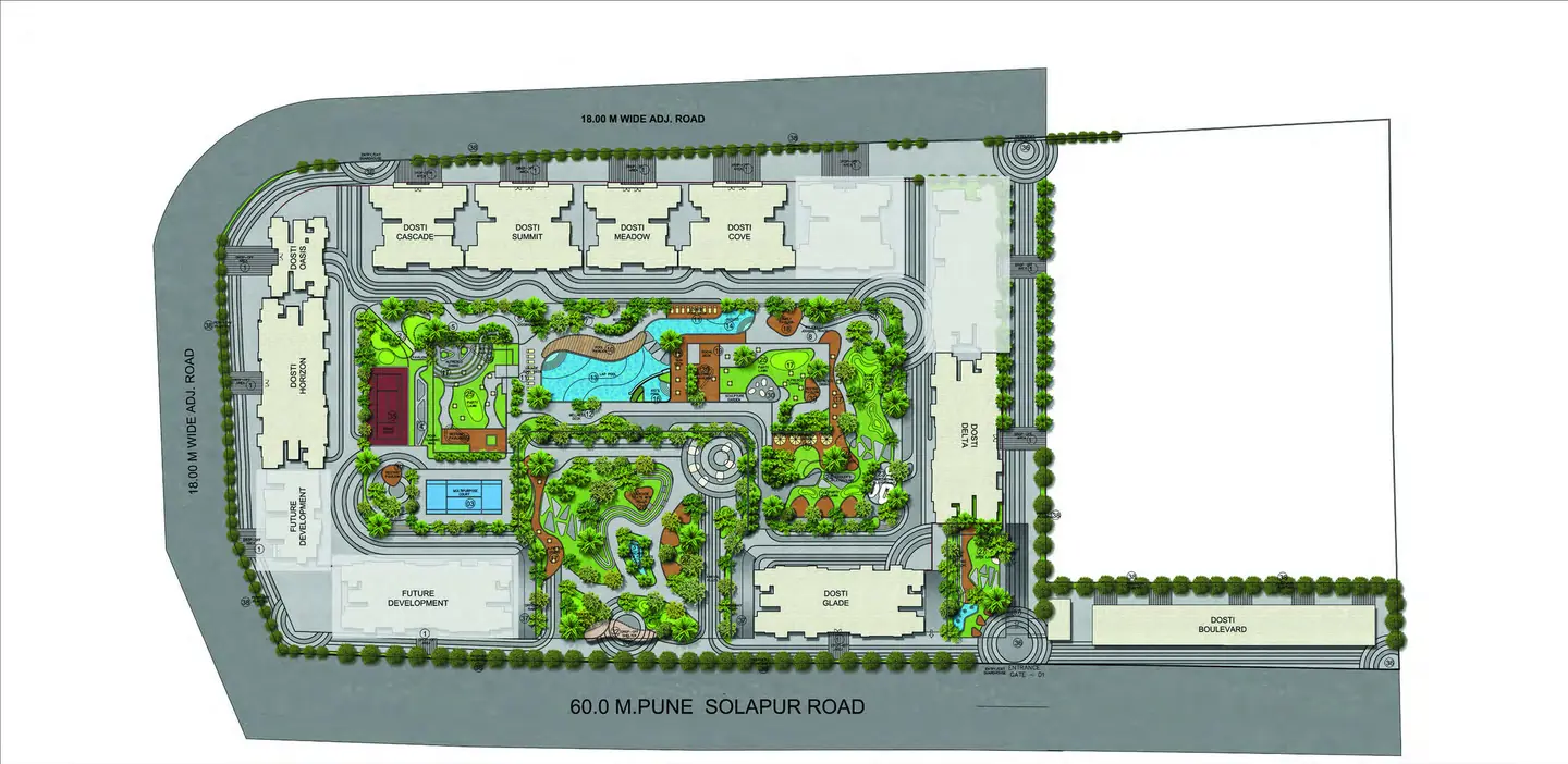 Master layout plan of Dosti Greenscapes, Hadapsar, Pune — Dosti Oasis, Horizon, Cascade, Summit, Meadow, Cove, Delta, Glade and Boulevard around a central landscaped podium, with the entrance on the 60 metre Pune–Solapur Road
