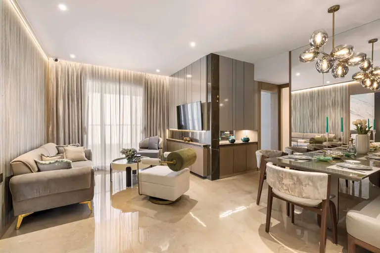Living and dining room in the show flat at Dosti Greenscapes, Hadapsar, Pune