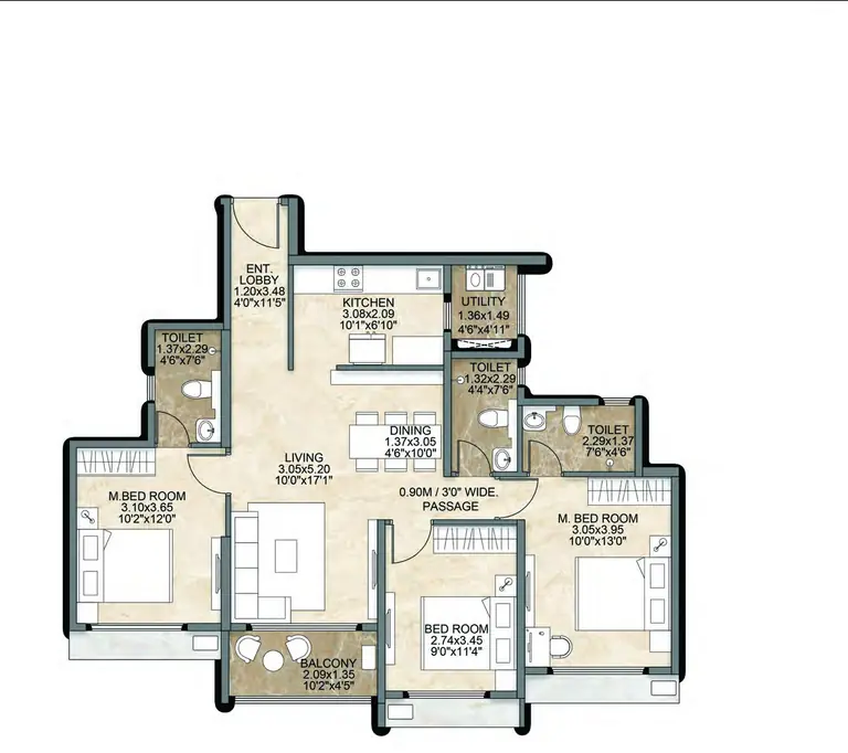 3 BHK floor plan at Dosti Greenscapes — 924 sq ft usable carpet (857 sq ft RERA carpet), with two master bedrooms, a third bedroom, three toilets, entrance lobby and a balcony