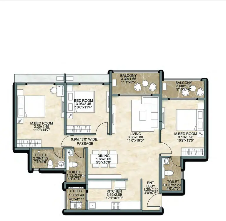 3 BHK floor plan at Dosti Greenscapes — 1,082 sq ft usable carpet (966 sq ft RERA carpet), with two master bedrooms, a third bedroom, three toilets, dining, kitchen with utility and two balconies