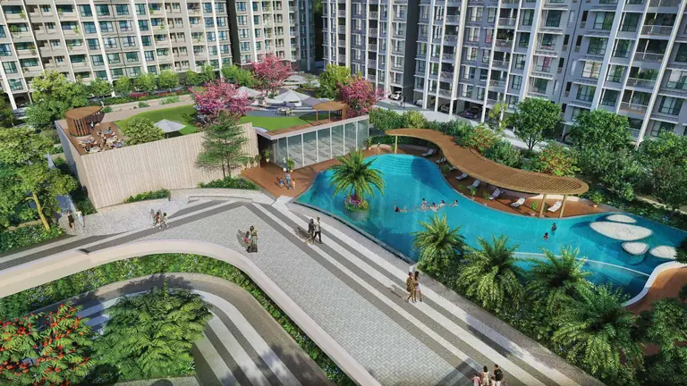 Lounge pool deck, lap pool and kids' pool on the podium at Dosti Greenscapes, Hadapsar, Pune