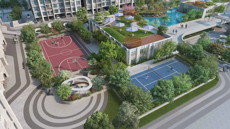 Tennis court and multipurpose court on the podium at Dosti Greenscapes, Hadapsar, Pune