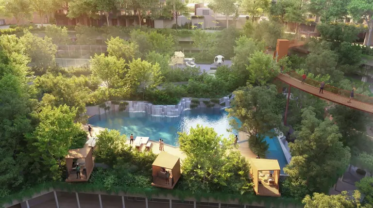 Pools, cascades and cantilevered cabanas among the trees on the podium at Yashada EVO, Punawale