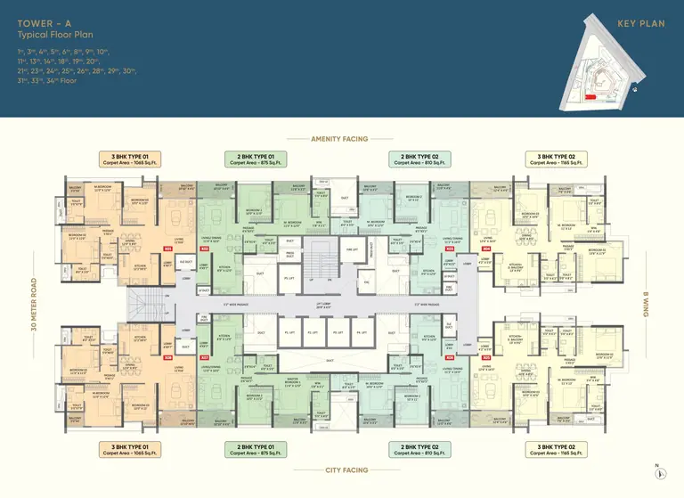Typical floor plan of Tower A at Yashada EVO: eight flats around the lift core — two each of the 810 and 875 sq ft 2 BHK and the 1,065 and 1,165 sq ft 3 BHK — marked amenity-facing or city-facing