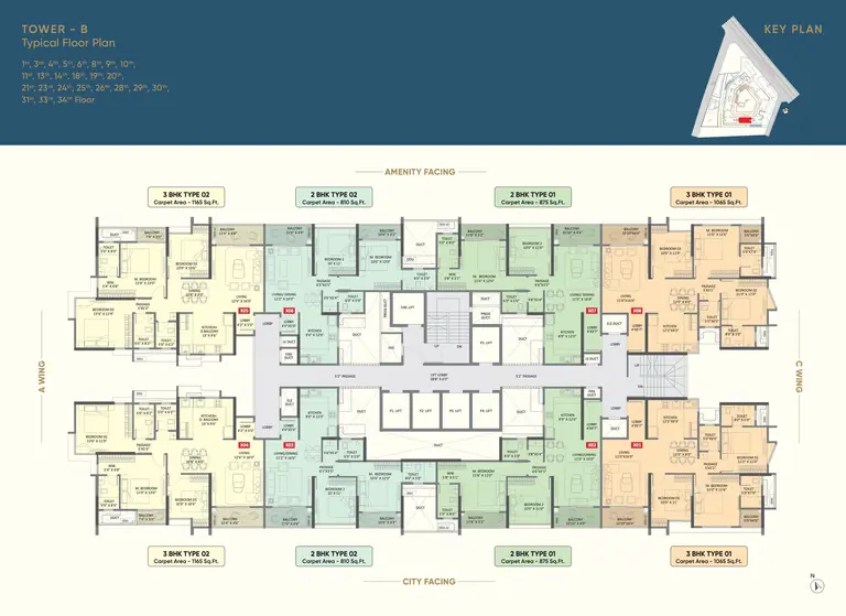Typical floor plan of Tower B at Yashada EVO: eight flats around the lift core, the same four plans as Tower A, marked amenity-facing or city-facing