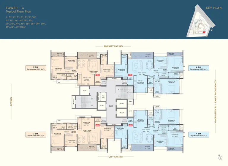 Typical floor plan of Tower C at Yashada EVO: four flats a floor — two 1,223 sq ft 3 BHK and two 1,673 sq ft 4 BHK, each with an aangan