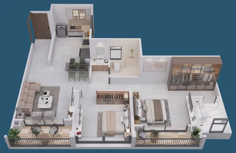 3D view of a 2 BHK at Yashada EVO: living and dining, kitchen, two bedrooms, two toilets and two balconies