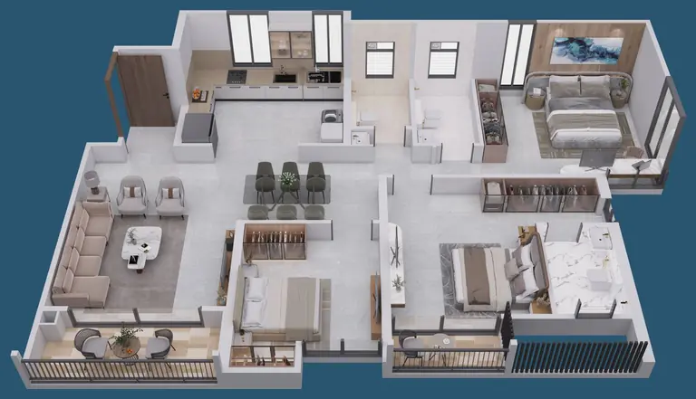 3D view of a 3 BHK at Yashada EVO: living and dining, kitchen, three bedrooms, three toilets and balconies