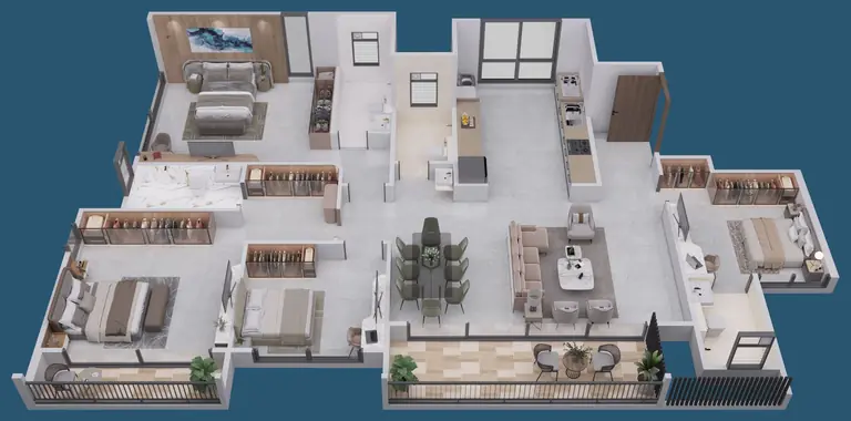3D view of the 4 BHK at Yashada EVO: living and dining, kitchen with dry balcony, four bedrooms, walk-in wardrobe and balconies