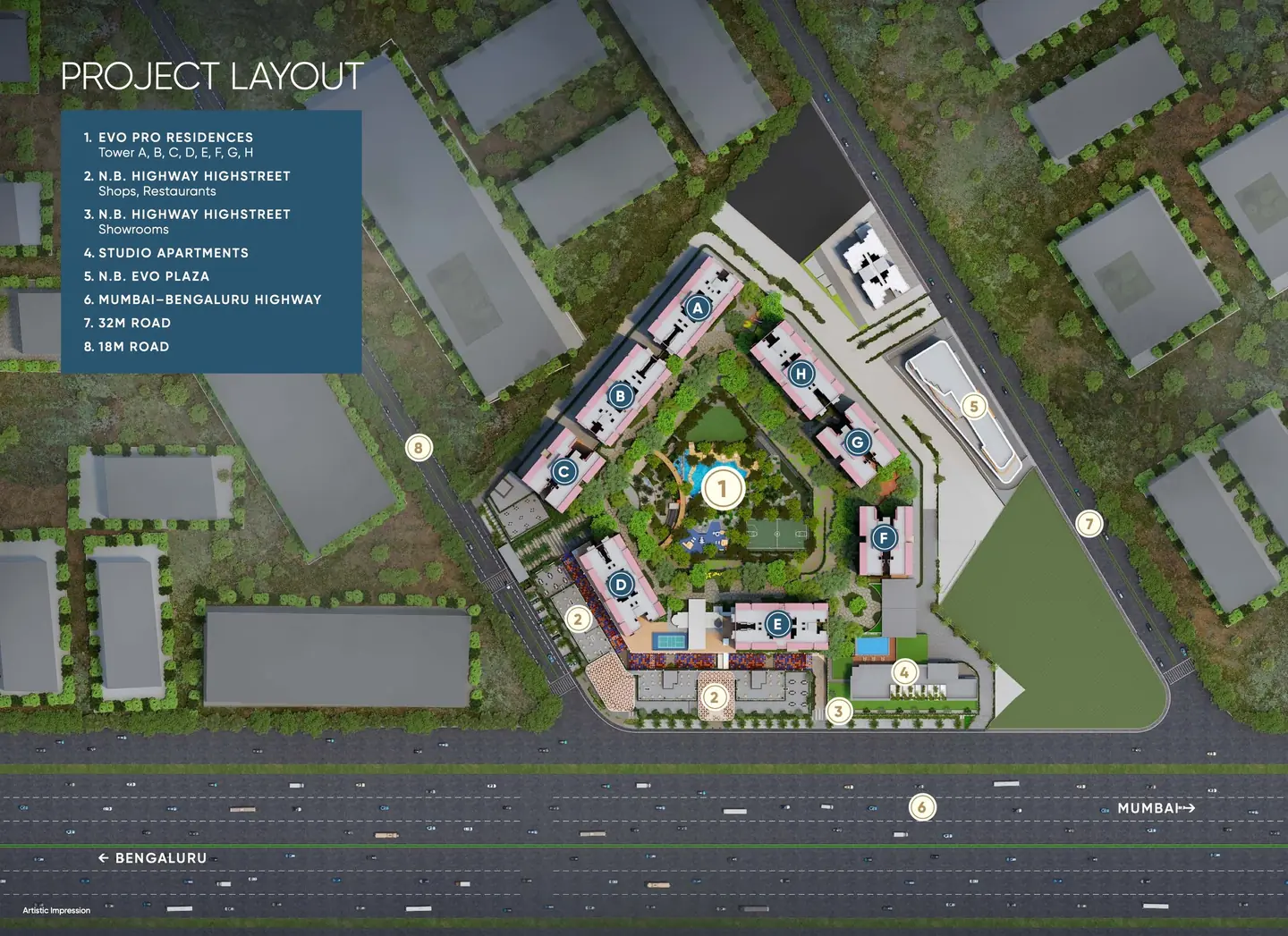 Layout plan of Yashada EVO, Punawale: EVO Pro Residences Towers A to H around a central landscaped court, the N.B. Highway Highstreet of shops, restaurants and showrooms along the Mumbai–Bengaluru Highway, studio apartments, N.B. EVO Plaza, and the 32 m and 18 m roads