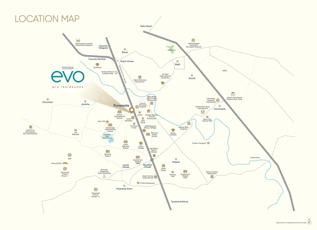 The developer's location map for Yashada EVO, Punawale, with Hinjewadi IT Park, Wakad, Ravet and Chinchwad marked around the site. Not to scale.