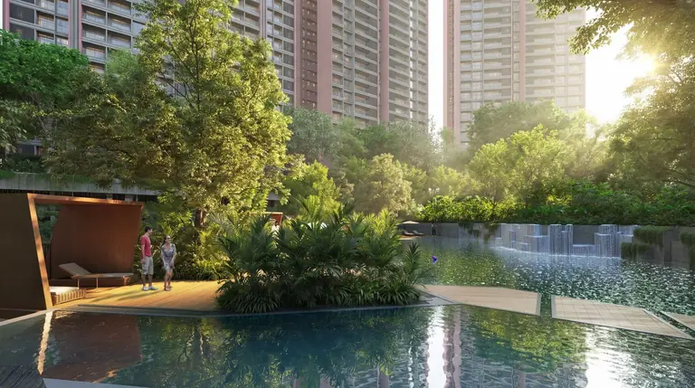 Pool deck and cascades among the trees at Yashada EVO