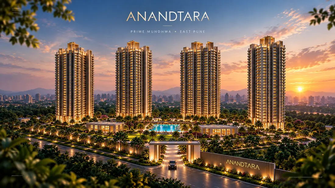 Anandtara Prime Mundhwa, East Pune — the four towers lit at sunset above the landscaped podium, swimming pool and gated entrance
