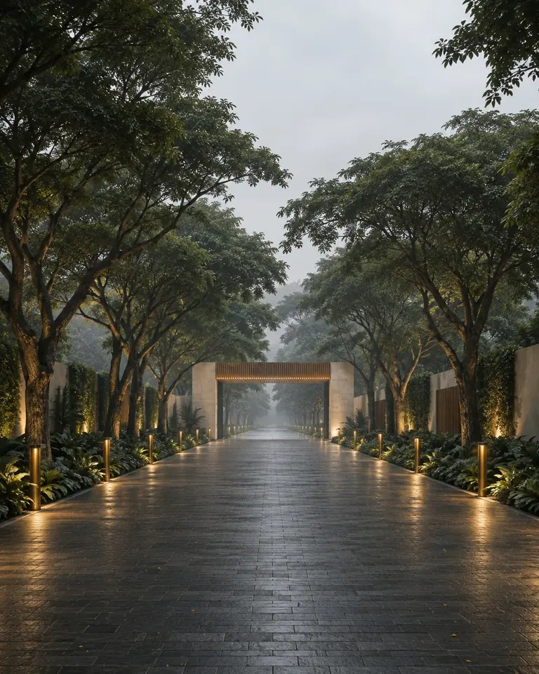 Tree-lined 90 metre entrance driveway leading to the arrival portal