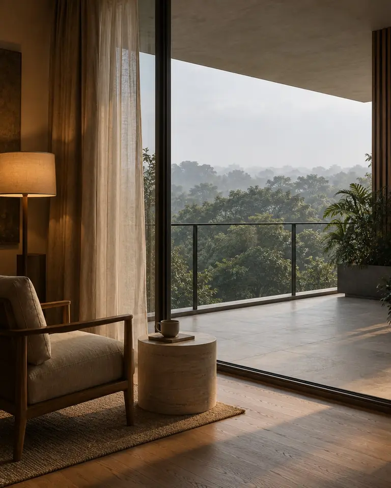 Living room opening onto a deep private balcony above the tree canopy