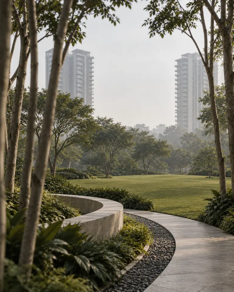 Landscaped central green between generously spaced towers