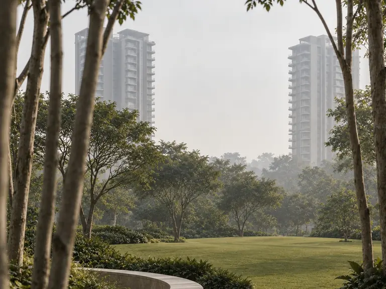 Landscaped central green between generously spaced towers