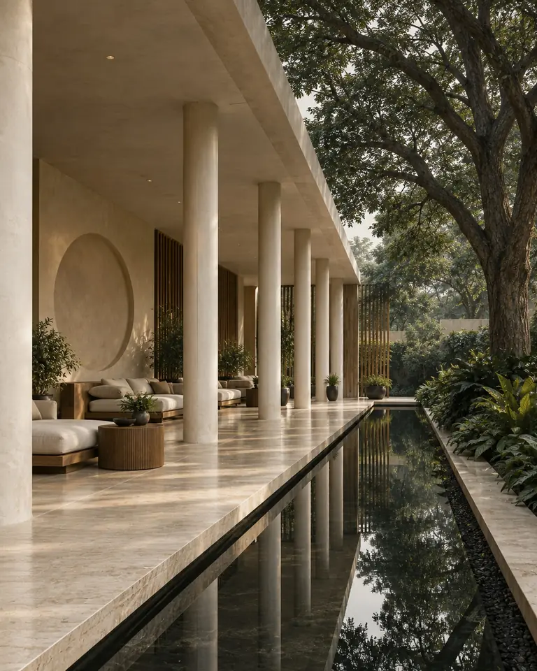Shaded clubhouse colonnade beside a still reflecting pool