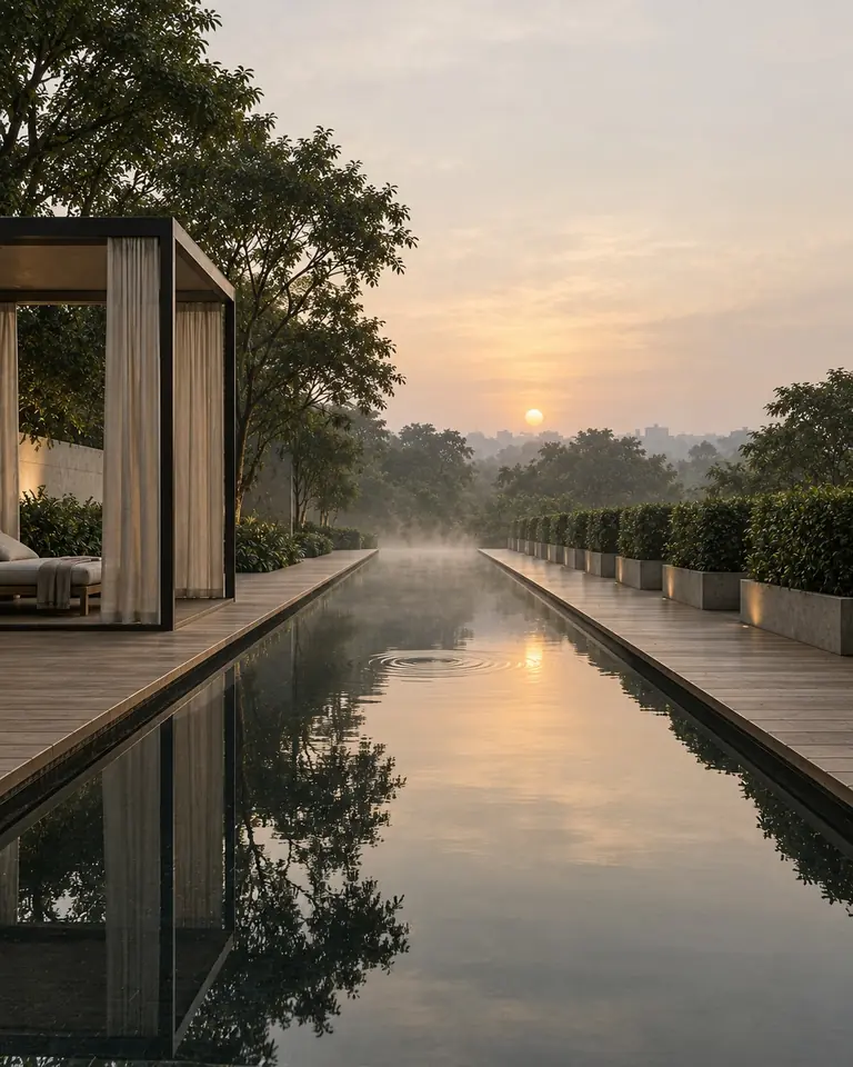 Lap pool and cabana deck at sunrise