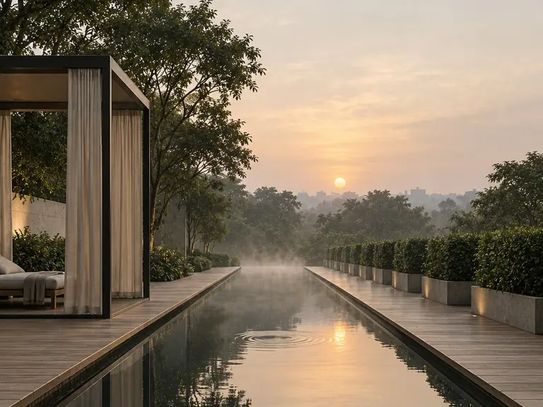 Lap pool and cabana deck at sunrise at the Mundhwa project by Anandtara