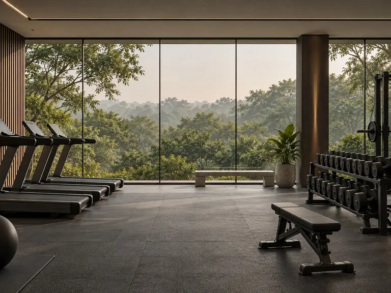 Residential gymnasium with treadmills facing full-height glazing and mature trees