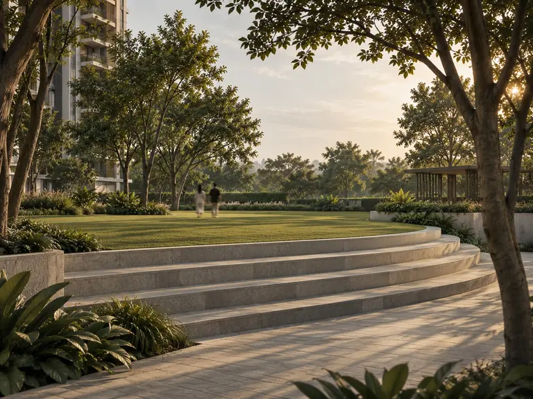 Amphitheatre steps and rolling lawn on the landscaped podium at Prime Mundhwa